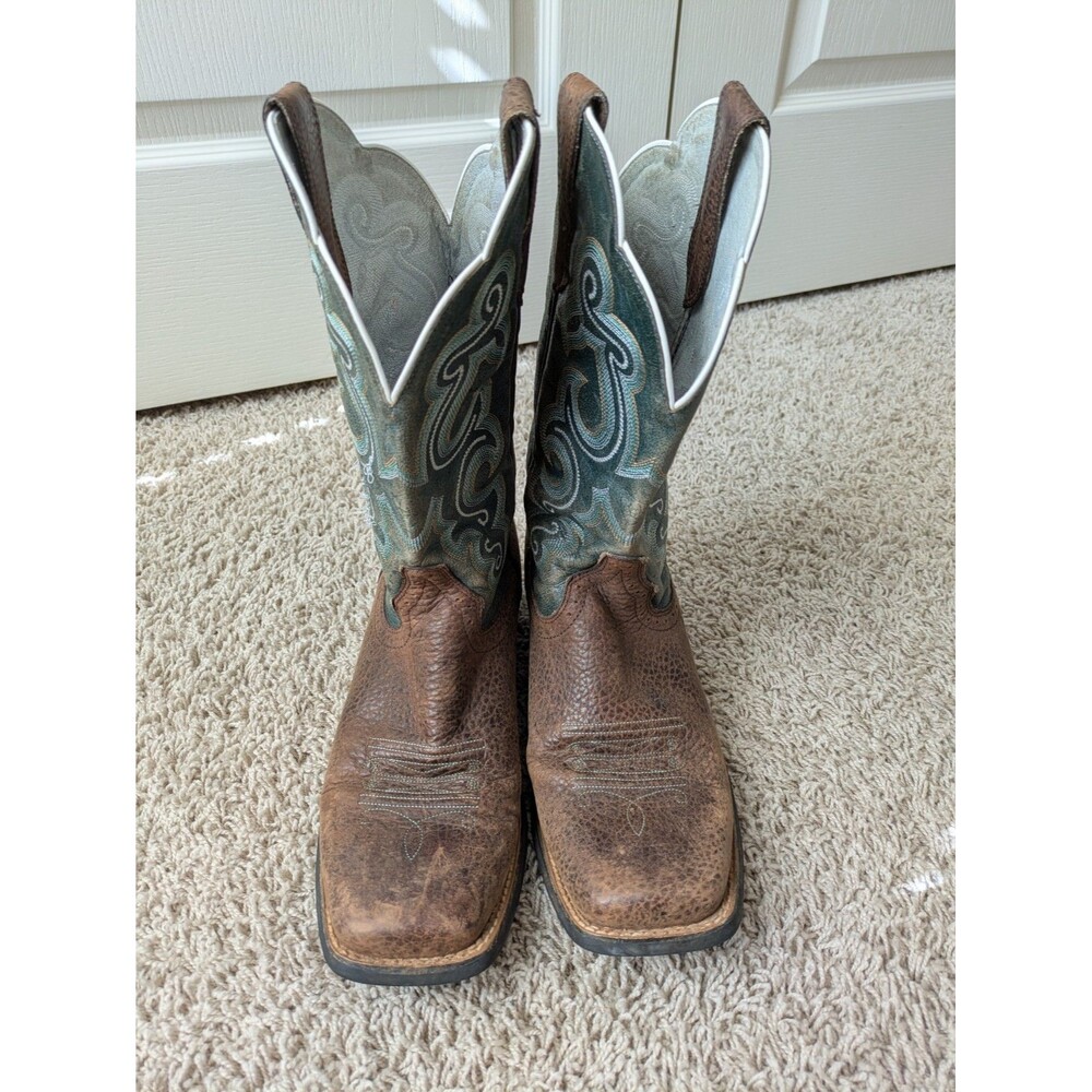 Ariat Women's Quickdraw Brown Teal Leather Square Toe Western Boots Size 9.5 B